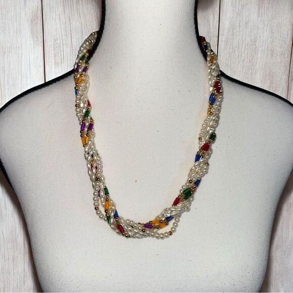 Multi-Strand Fresh Water Pearls Necklace and Twisted Cream and Multicolor Beads - Picture 1 of 5